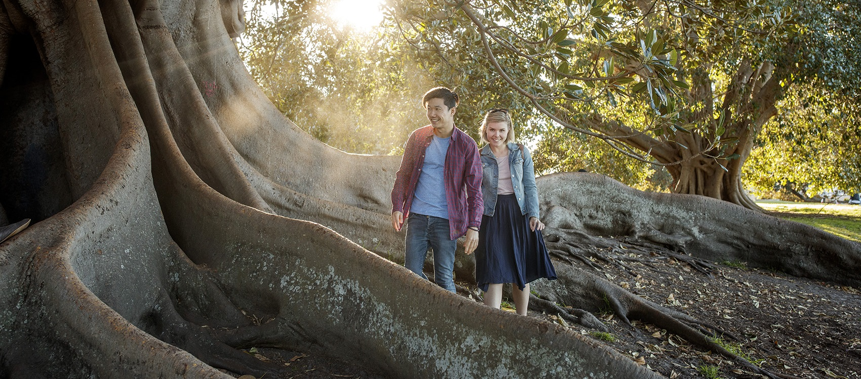 A couple walking around the Botanic Gardens of Sydney